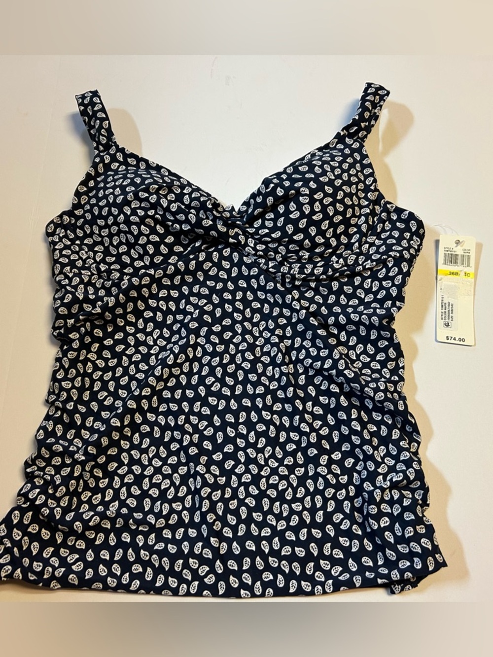 Anne Cole Women’s Navy Blue Printed Swim Tank with White Leaf Motif New 34B/36C